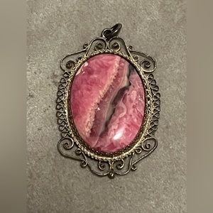 Vintage Natural Rhodonite in Silver Filigree Setting Pendant